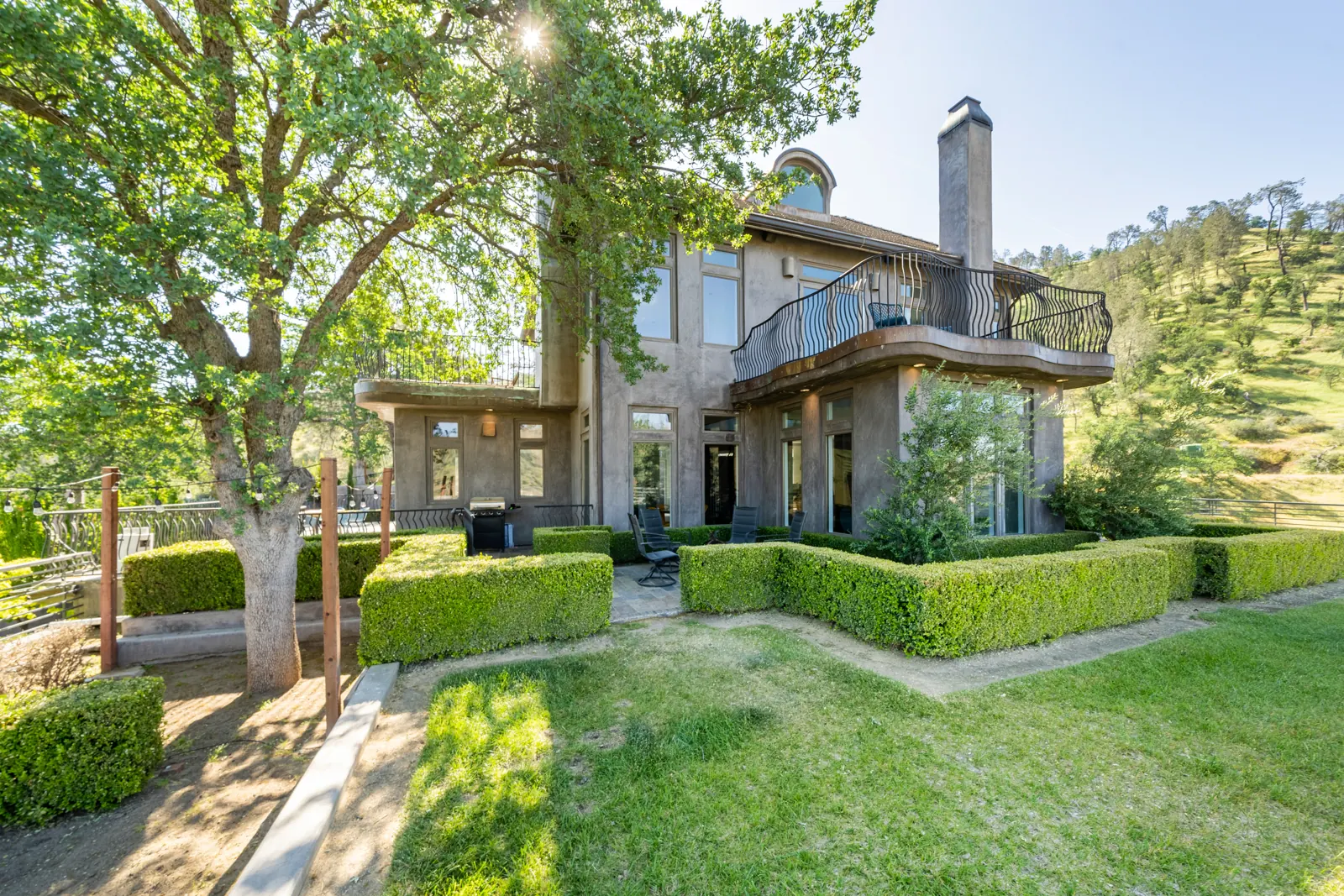 Hedged garden and oak tree beside the house