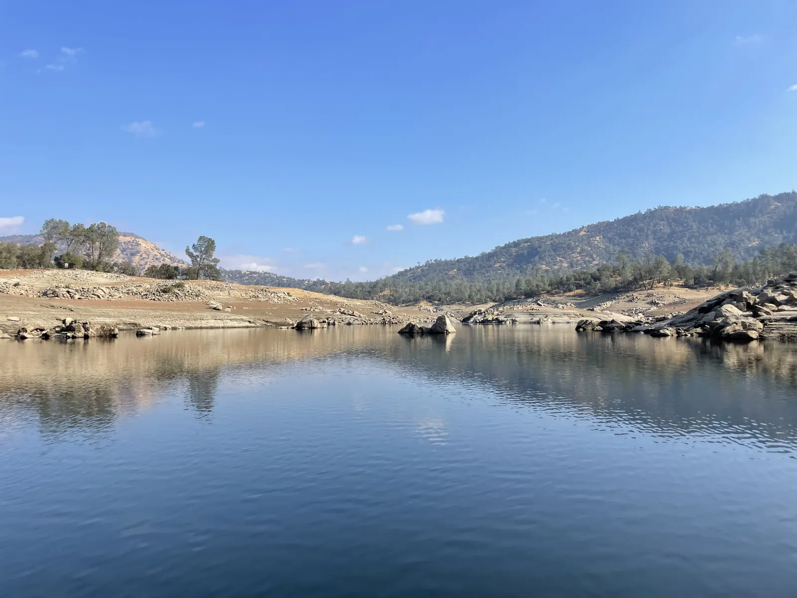 Wide, glassy stretch of Millerton Lake under a clear blue sky