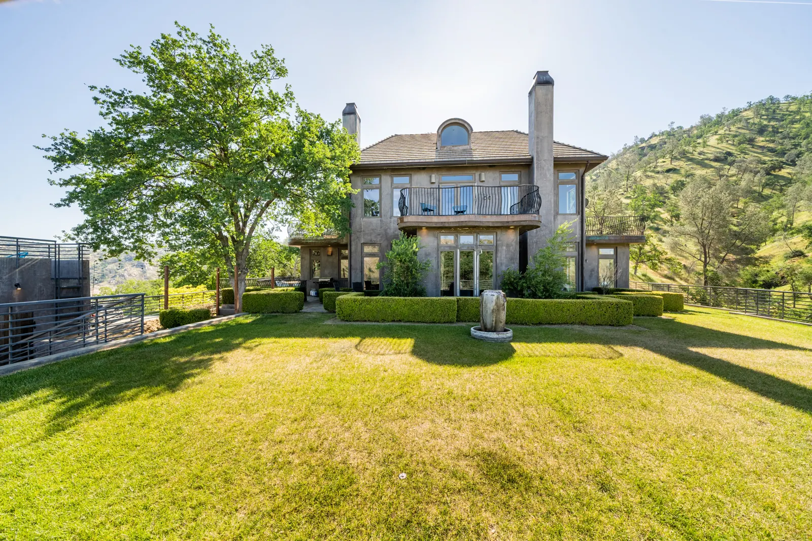 The grass lawn behind the house, framed by hedges and oak trees